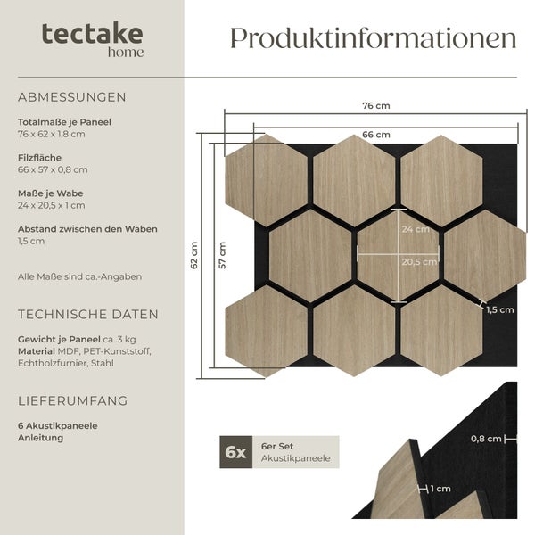 Produktdatenblatt für tectake home Akustikpaneele Sechser-Set: Maße 76 mal 62 Zentimeter, Material Holzfaserplatte mit Echtholzfurnier und Kunststoff.