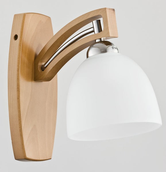 Wandleuchte aus Holz mit gebogenem Arm und glockenförmigem Glasschirm für E27 Leuchtmittel