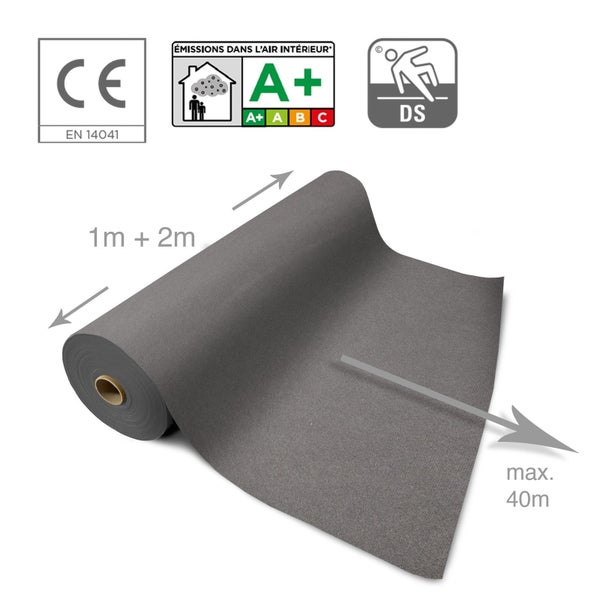 Graue Bodenbelagsrolle in Breiten von 1 Meter und 2 Meter, bis zu 40 Meter lang, mit CE Kennzeichnung, A plus Emissionsklasse und Rutschfestigkeit.