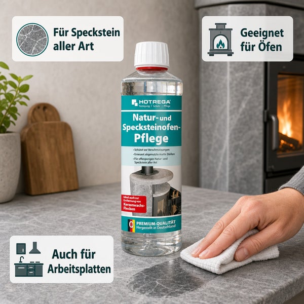 Hotrega Natur- und Specksteinofen-Pflege zur Reinigung und zum Schutz von Steinöfen und Arbeitsplatten.