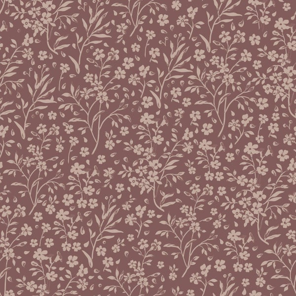 Tapete mit einem Muster aus kleinen Blumen, Blüten und filigranen Zweigen.