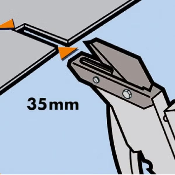 Illustration einer Kantenstanze mit 35 Millimeter Schnittbreite zur Bearbeitung von Kantenmaterial bei Möbelplatten