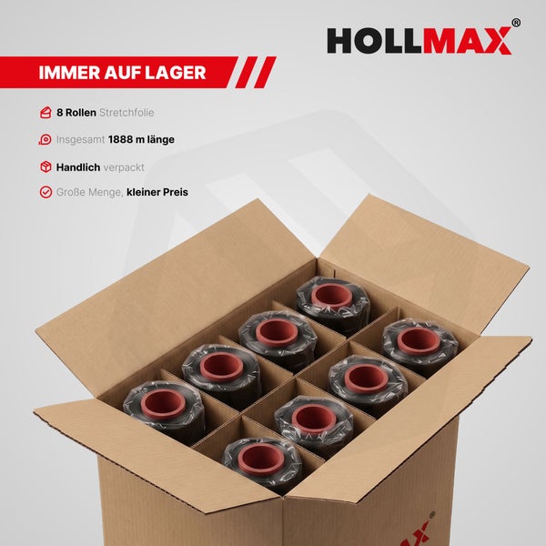 Karton mit acht Rollen schwarzer Stretchfolie, Gesamtlänge 1888 Meter, HOLLMAX Logo.
