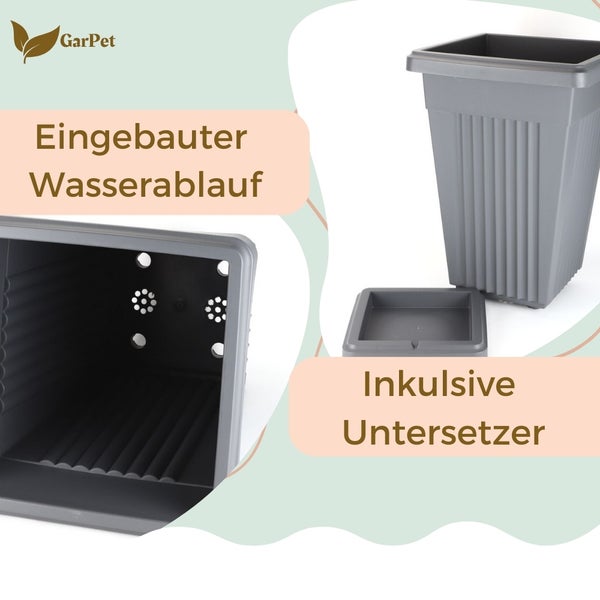 Grauer Pflanzkübel mit integriertem Wasserablauf und Untersetzer