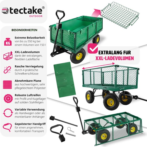 Bollerwagen tectake  Belastbarkeit 550 kg mit klappbaren Seitenwänden grün