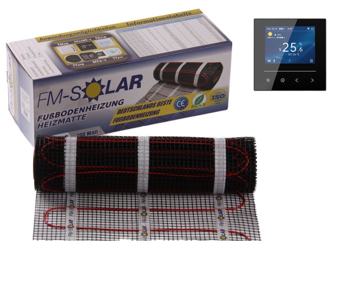 Elektrische Fussbodenheizung Heizmatte auf Rolle mit digitalem Thermostat und Produktverpackung