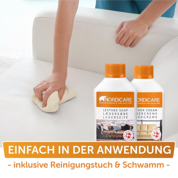 Nordicare Lederpflege Set [250ml] für Auto, Couch und Möbel I Lederreiniger zur Leder Pflege I Lederpflegeset, Leder Reinigung, Lederpflege Sofa, Leather Cleaner, Lederpflege Auto