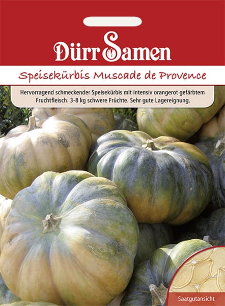Samentüte für Speisekürbis Muscade de Provence von Dürr Samen mit Abbildung der gerippten Früchte und einer Detailansicht der Samen.