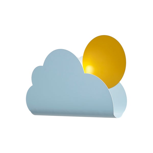 Wandleuchte für das Kinderzimmer in Form einer blauen Wolke mit gelber Sonne, aus Metall.