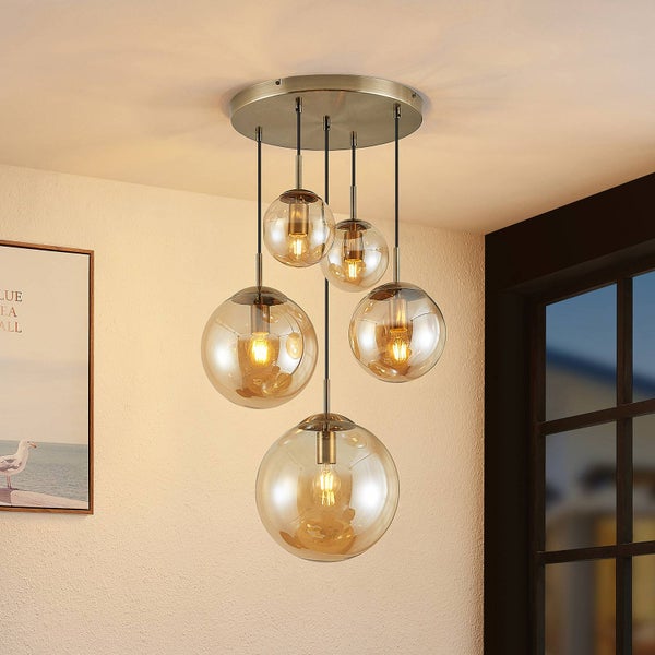Lindby Pendelleuchte Teeja (Retro, Vintage Antik) in Creme aus Glas (5 flammig E27) - Hängelampe Esstischlampe Hängeleuchte Wohnzimmerleuchte