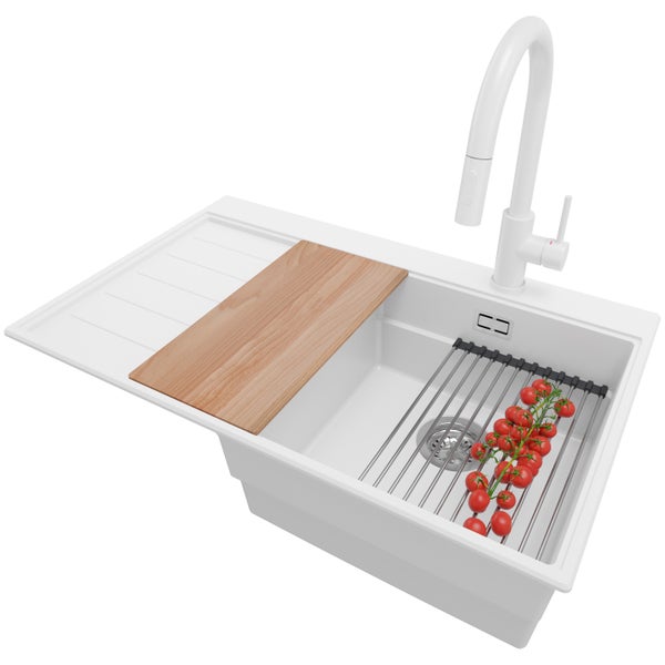 PRIMAGRAN Granitspüle Weiß 78x50cm, Spülbecken 1 Becken + Küchenarmatur 40x20cm + Ablauf-Set + Küchenzubehörset, Küchenspüle ab 45er Unterschrank - Sydney