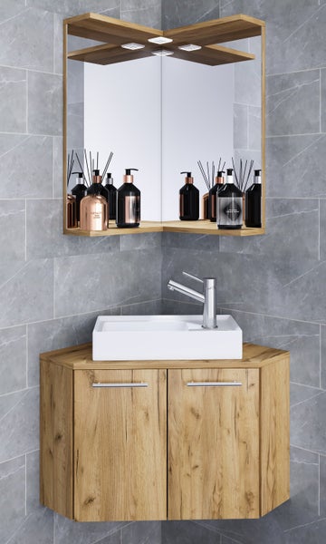 Eckwaschtisch mit Spiegel, Waschbecken und Unterschrank im Badezimmer