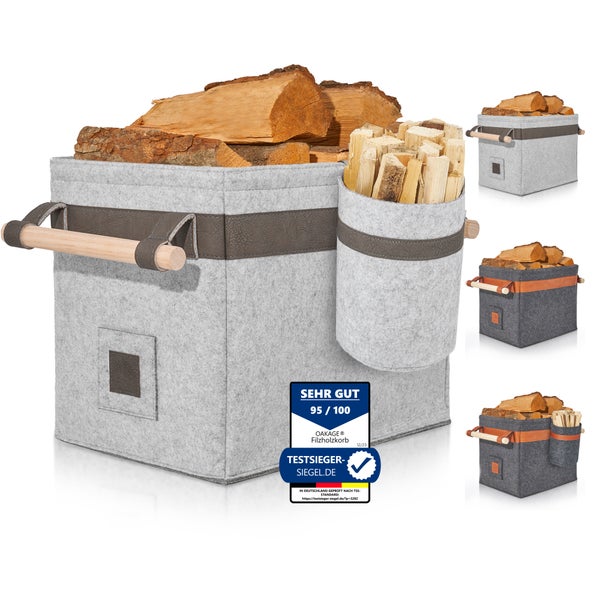 OAKAGE® Classic Duo Hellgrau Holzkorb Filz - Metallrahmen für Zusatzstabilität - 42x32x35cm