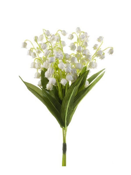 Künstlicher Maiglöckchenstrauß mit weißen Glockenblüten und grünen Blättern.
