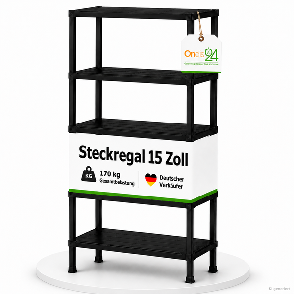 Kunststoff Steckregal mit vier Fachböden und einer Gesamtbelastung von 170 Kilogramm mit Ondis 24 Logo.