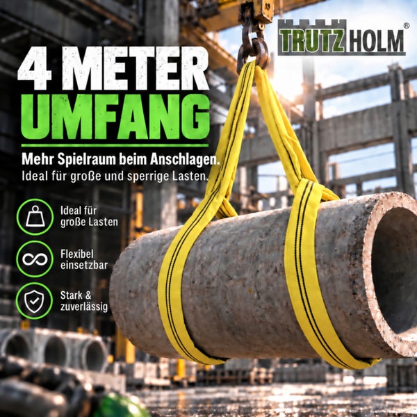 Hebeband mit 4 Meter Umfang von Trutzholm zum Heben schwerer Lasten auf einer Baustelle. Trutzholm Logo.