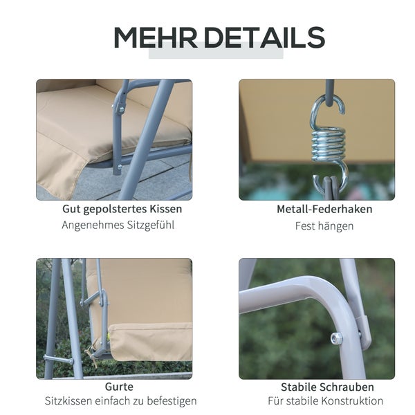Outsunny Hollywoodschaukel, 2-Sitzer, mit Sonnendach, 175 x 112 x 165 cm, Metall, Polyester, Oxford, Beige