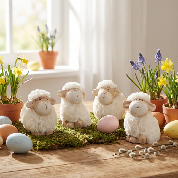 Deko Schafe als Osterdekoration auf Moos mit Frühlingsblumen und Ostereiern auf einem Holztisch.