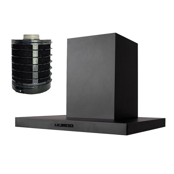 Schwarze Dunstabzugshaube in T-Form mit Touch-Bedienfeld und passendem Aktivkohlefilter für den Umluftbetrieb.