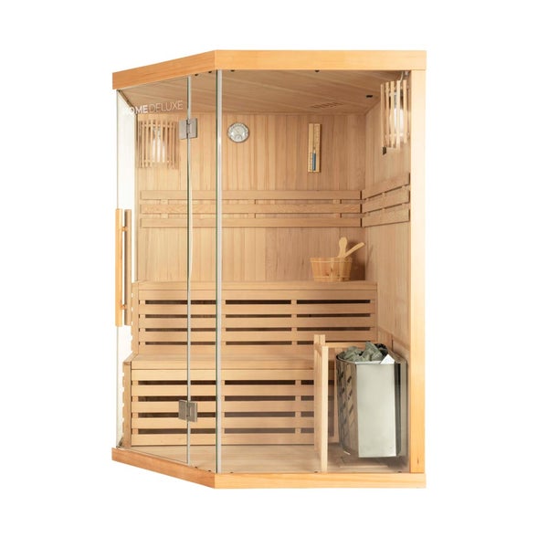 Home Deluxe - Traditionelle Sauna - SKYLINE XL - 150 x 150 x 200 cm - für 2 - 3 Personen, Hemlocktanne, inkl. Saunaofen, Saunazubehör I Dampfsauna Aufgusssauna Finnische Sauna Bio Sauna