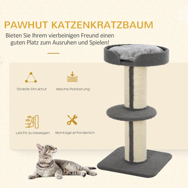 PawHut Kratzbaum klein 91 cm Katzenbaum mit Katzenbett, Katzenkratzbaum Spielbaum Kratzstamm mit Plattform für Katzen bis 5 kg Sisal Lammwolle Grau