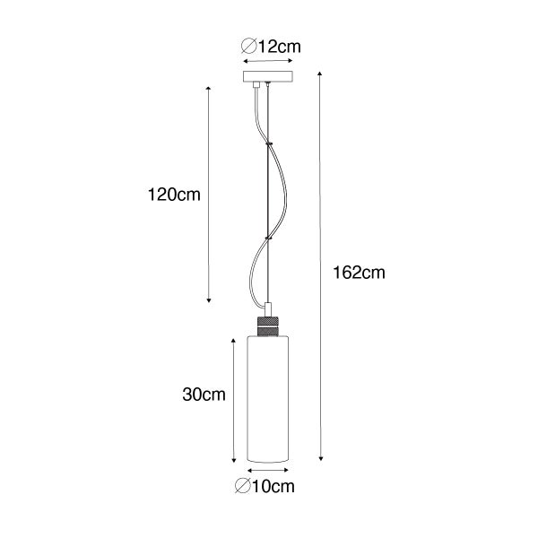 Skizze einer Hängelampe mit den Maßen 120 cm x 162 cm, Durchmesser Lampenschirm 10 cm und Höhe 30 cm