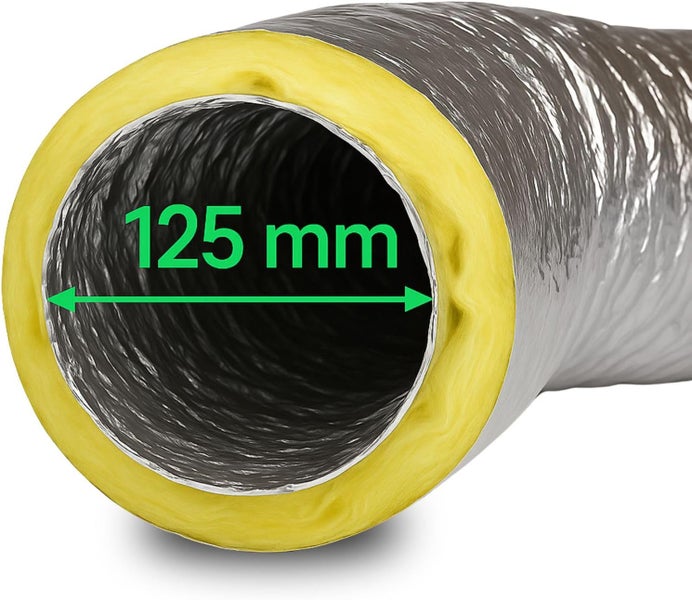 Isolierter Lüftungsschlauch aus Aluminium mit 125 Millimeter Innendurchmesser und Dämmung.