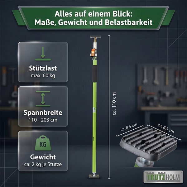 Trutzholm Deckenstütze mit technischer Zeichnung, maximale Stützlast 60 Kilogramm, Spannweite 110 bis 203 Zentimeter, Eigengewicht 2 Kilogramm.