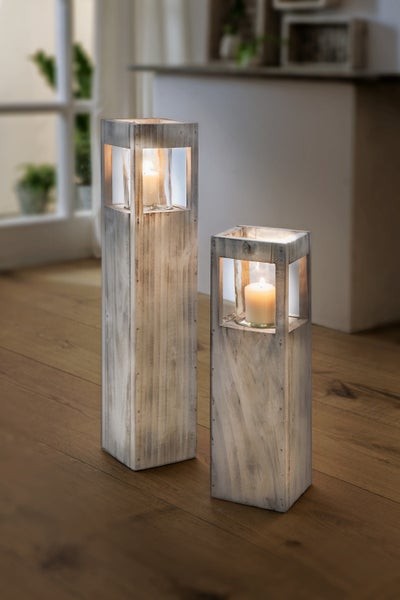 FRANK FLECHTWAREN | Windlichtsäule Shabby-Charme, groß, HOLZ, 15 x 15 x 70 cm, Glas Ø 10 x 15 cm, ohne Kerze