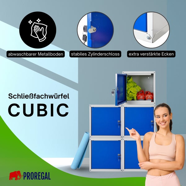 Modulare Schließfachwürfel CUBIC mit Zylinderschlössern, verstärkten Ecken und abwaschbarem Metallboden. PROREGAL Logo.