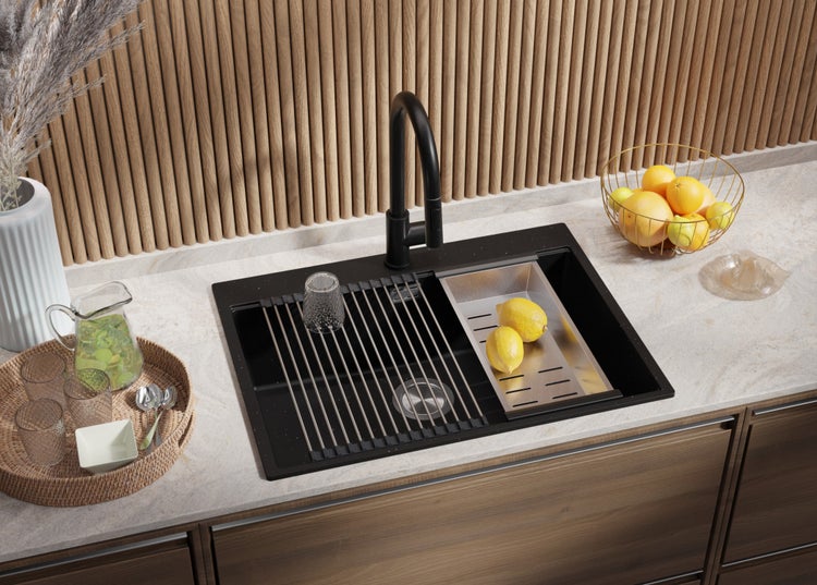 PRIMAGRAN Granitspüle Schwarz Metallic 68x50cm, Spülbecken 1 Becken + Küchenarmatur 40x20cm + Ablauf-Set + Aufrollbare Abtropffläche, Küchenspüle ab 70er Unterschrank - Oslo