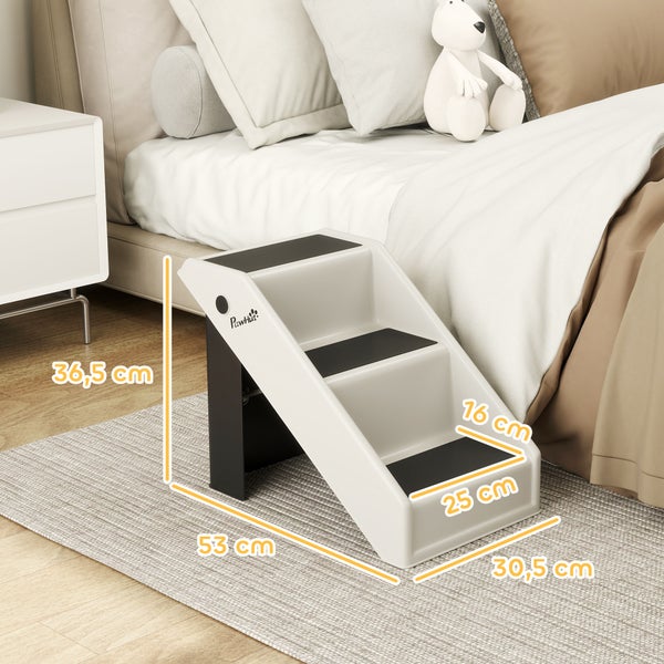 Haustiertreppe mit drei Stufen, geeignet für den Innenbereich, mit den Maßen 36,5 cm Höhe, 53 cm Länge, 30,5 cm Breite, Stufenbreite 16 cm und Stufentiefe 25 cm.