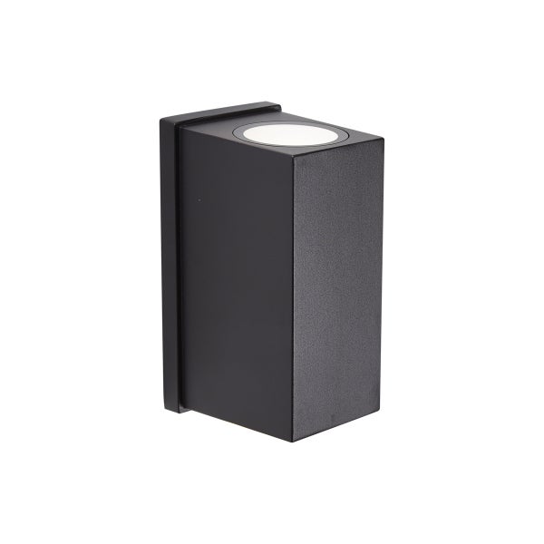 Schwarze rechteckige Wandleuchte aus Metall für den Außenbereich mit runder Lichtöffnung oben.