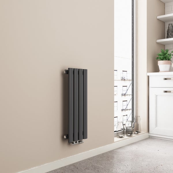 EMKE Design-Röhrenheizkörper für Warmwasserbetrieb, Mittelanschluss, Vertikal, Oval, Einlagig, 177 Watt, 24 cm x 60 cm, Anthrazit