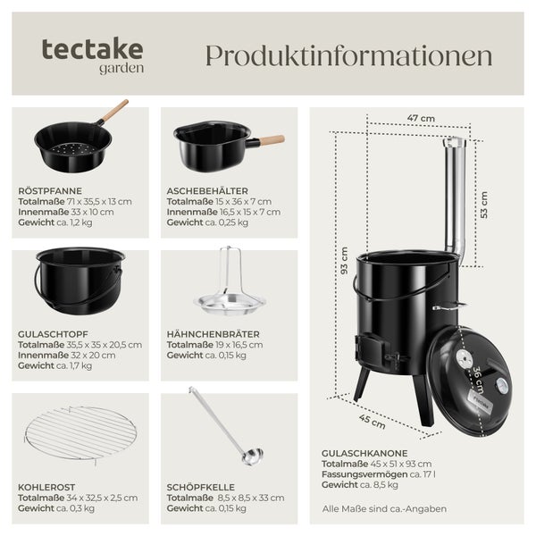 Produktinformationen zu Tectake Gulaschkanone, Röstpfanne, Aschebehälter, Gulaschtopf, Hähnchenbräter, Kohlerost und Schöpfkelle mit Maßangaben