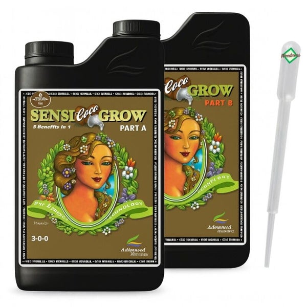 Zwei schwarze Kunststoffflaschen Advanced Nutrients Sensi Coco Grow Dünger Teil A und Teil B inklusive Kunststoffpipette.