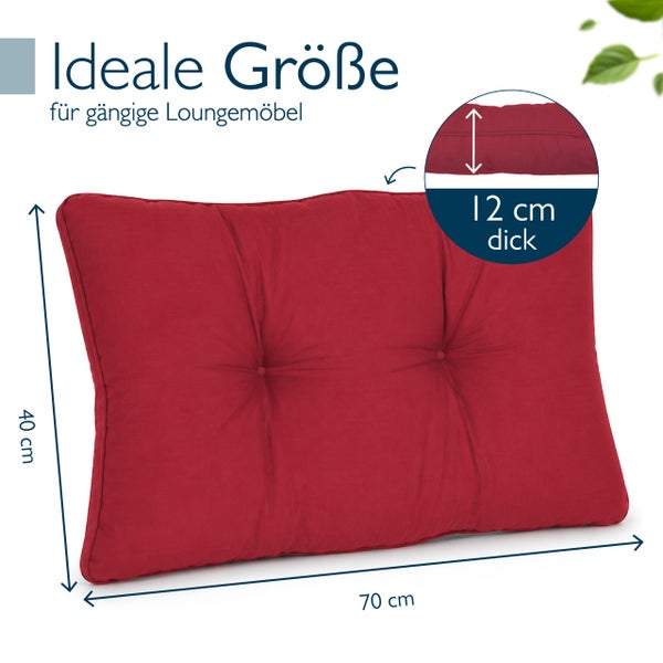 Rechteckiges Loungekissen mit Knopfsteppung, 70 mal 40 mal 12 Zentimeter, geeignet für Loungemöbel.
