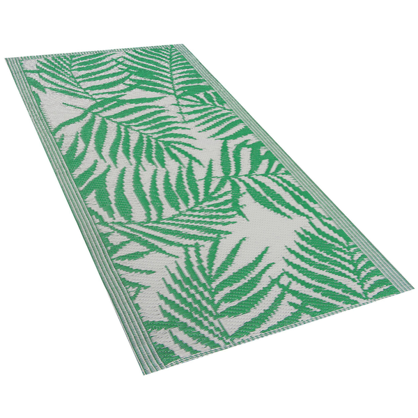 Outdoor-Läufer mit grünem Farnblatt-Muster, wetterbeständiges Material, rechteckig.