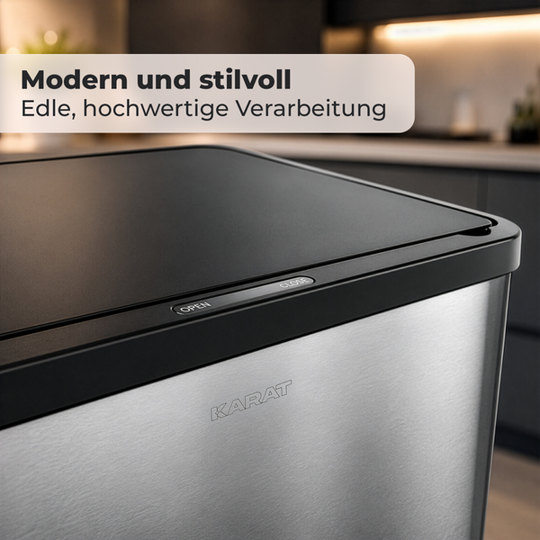 Nahaufnahme eines modernen Edelstahl-Mülleimers von Karat mit schwarzem Deckel und Bedienfeld zum Öffnen und Schließen.