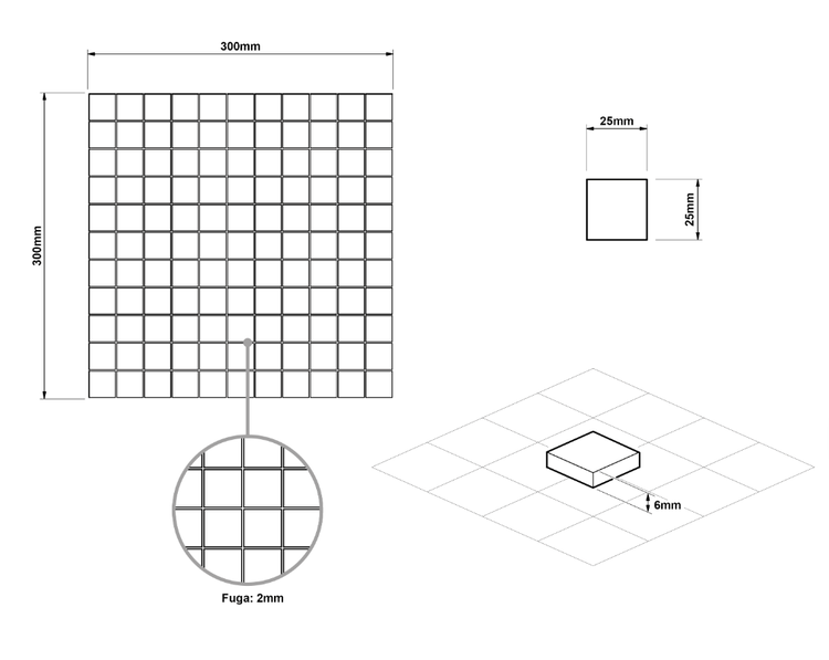 Maßzeichnung Mosaikmatte. Matte 300 mal 300 Millimeter, Stein 25 mal 25 Millimeter, Stärke 6 Millimeter, Fuge 2 Millimeter.