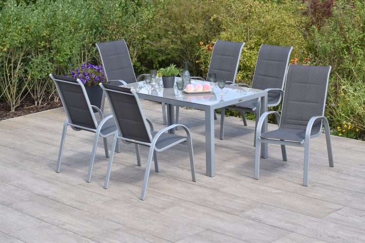 Amalfi di Lusso Set 7tlg., 6 Stapelsessel, moderner Tisch 150 x 90 cm, silber/anthrazit