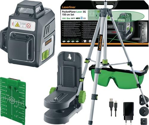 Laserliner PocketPlane-Laser 3G 150 cm Set mit Stativ, Laserzieltafel, Halterung, Brille, USB-Kabel und Netzteil