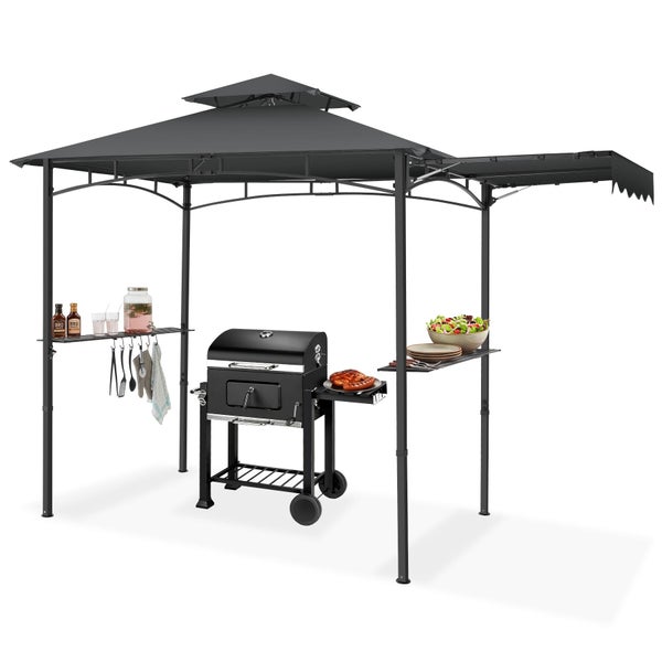 Grillpavillon mit wetterfestem Doppeldach, seitlichen Ablagen, klappbarer Markise und einem schwarzen Holzkohle-Wagengrill.