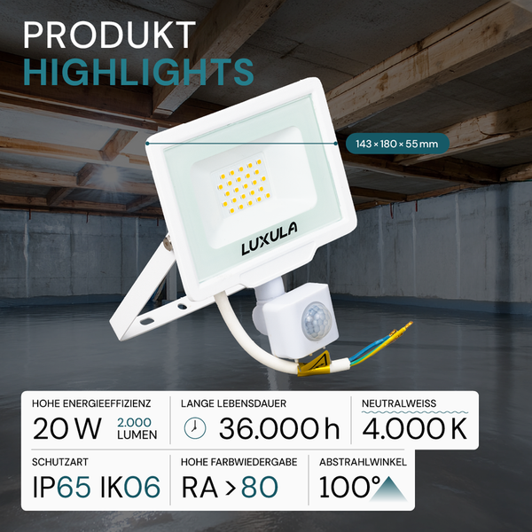 Luxula LED-Strahler mit Bewegungsmelder, 20 Watt, Schutzart IP65 IK06