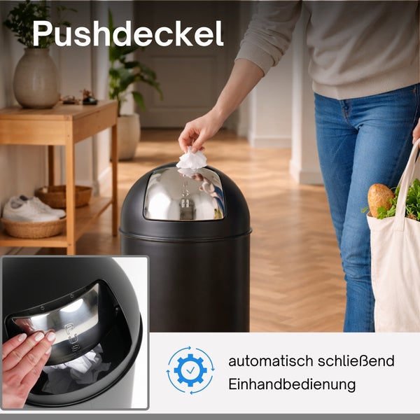 Schwarzer Mülleimer mit Pushdeckel aus Metall. Eine Person wirft Abfall ein. Der Deckel schließt automatisch und ermöglicht Einhandbedienung.