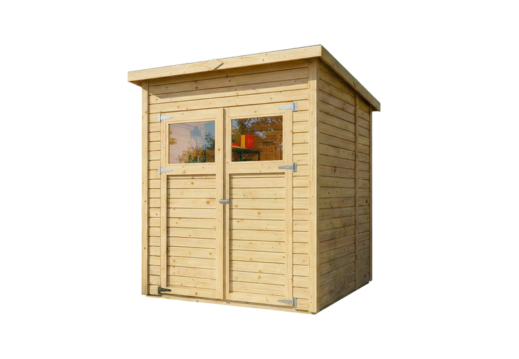 Gartenhaus aus Holz mit Pultdach und einer Doppeltür mit zwei Lichtausschnitten.