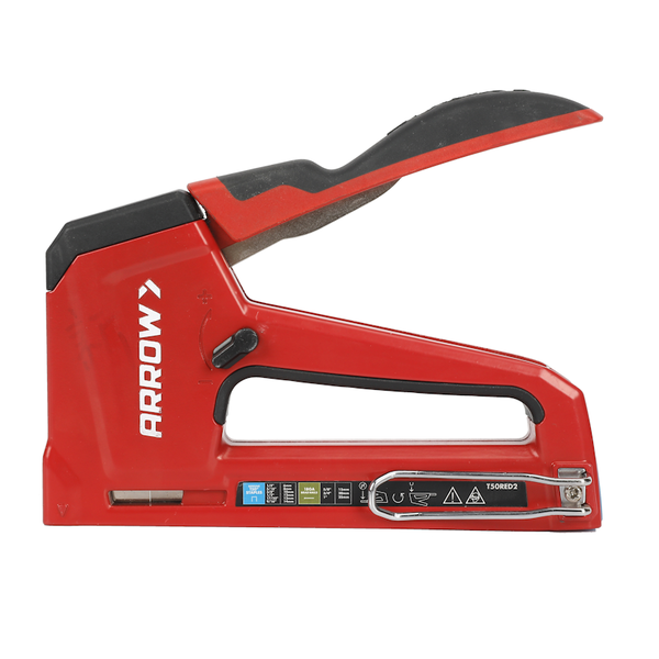 Manueller Handtacker Arrow T50RED2 in Rot aus Kunststoff und Metall für Klammern und Nägel.