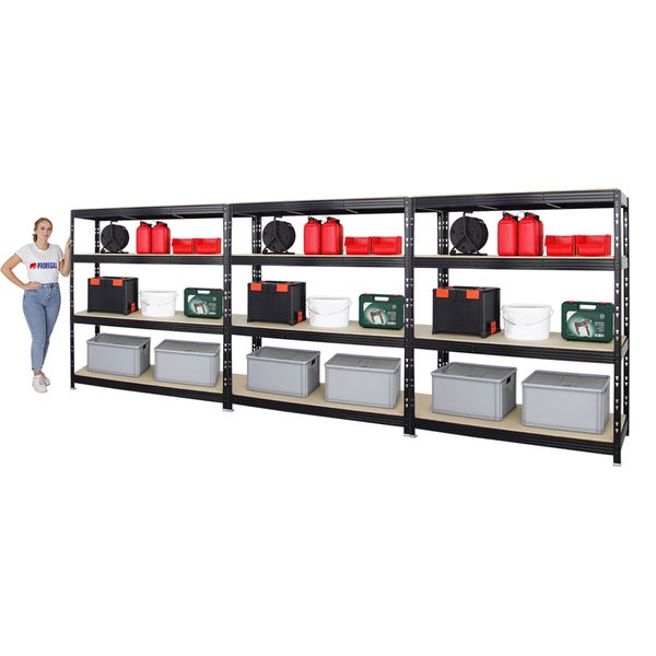 PROREGAL Mega Deal 3x Profi Schwerlastregal Rhino HxBxT 180 x 160 x 60 cm 4 Spanplatten-Ebenen 16mm Fachlast 500 kg Schwarz