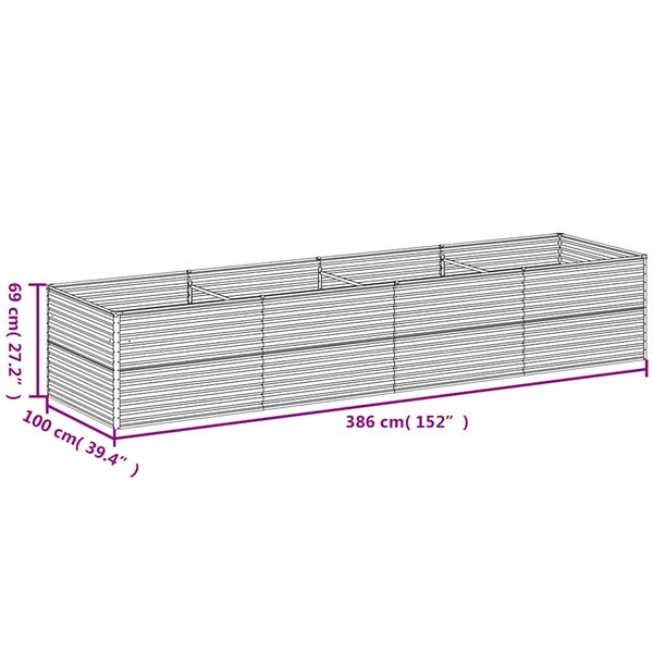 Hochbeet aus Metall mit Maßen von 386 Zentimeter Länge, 100 Zentimeter Breite und 69 Zentimeter Höhe.