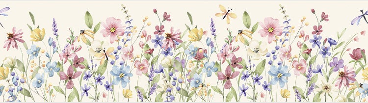 Tapetenborte mit Aquarell-Wildblumen und Schmetterlingen.